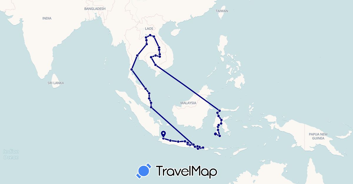 TravelMap itinerary: driving in Indonesia, Cambodia, Laos, Malaysia, Singapore, Thailand (Asia)